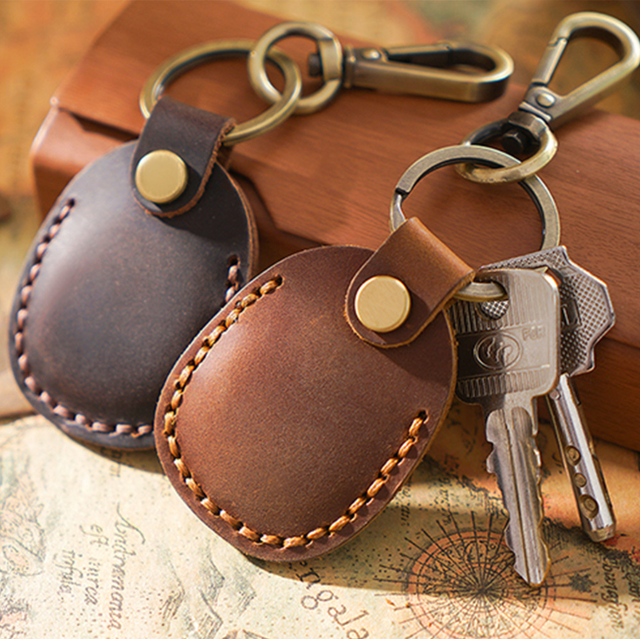 Portable Handmade Genuine Leather Air Tag Holder with Keyring Protective for Airtag Case Cover Key Tag Fob Case Keychain