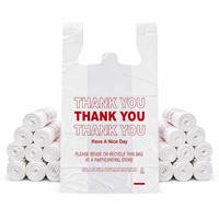 Sacs de courses en plastique sur rouleau, sacs T-shirt en PEHD blancs et rouges imprimés « Merci » et « Bonne journée », sacs de caisse en vrac avec poignées