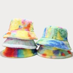 2024 New Autumn Winter Furry <b>Tie</b> Dyed Bucket Hat Fashion Colorful Women Thickened Warm Wide Brim Bucket Hat - Product Image 1