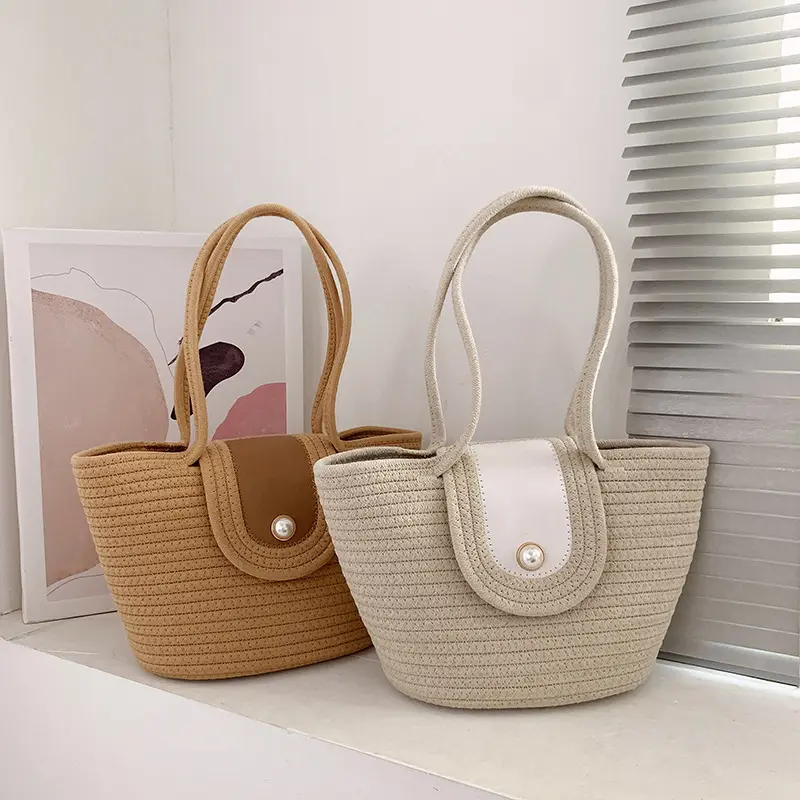 Fabric woman handbag led straw bag leather handles New Vegetable Basket Ladies Hand Carry Cotton Rope Woven woman handbag