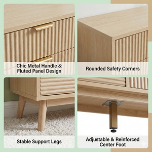 <span class=keywords><strong>Commode</strong></span> contemporaine multifonction en bois cannelé avec 4 tiroirs et 4 portes, poignées métalliques et 5 pieds en bois pour chambre à coucher - Product Image 2