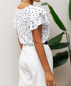 <span class=keywords><strong>Camisa</strong></span> de manga corta con estampado de <span class=keywords><strong>lunares</strong></span> para <span class=keywords><strong>mujer</strong></span>, cuello redondo, estilo princesa europea y americana, nueva colección de verano 2025, talla grande - Product Image 4