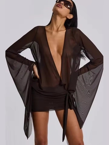 Coquette Frock Sexy Chic à manches longues col bas profond Bandage Slim Vestidos Mujer maille irrégulière - Product Image 4
