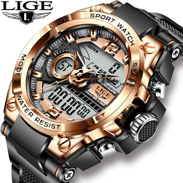 LIGE 8922 Men Digital Watch Top Brand 50m Waterproof Wristwatch LED Alarm Clock Sport Watch for Men