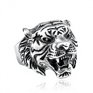 Bague pour homme en acier inoxydable 316 Yunnique étanche, tête de tigre, ton argent antique, totem oriental, audacieuse, sombre, rebelle, motard, punk - Product Image 5
