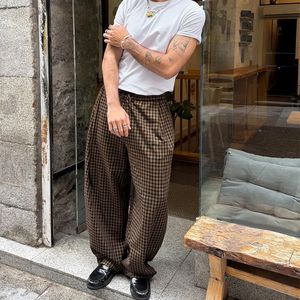 High Quality Fashion Checked Joggers Sweat Pants Loose Oversized Straight Wide Leg Cotton Checked Baggy Man Plaid Pants - Product Image 4