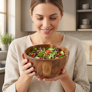 Vintage Polished Acacia Wood Salad Fruit Vegetable <b>Bowl</b> Eco-Friendly Food Safe Handmade Serving Home Hotel Restaurant Party BS - Product Image 1