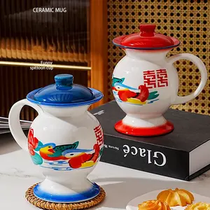 Mug Keramik Gaya Cina Kreatif Pola Spittoon Cangkir Teh Unik 360ML Cangkir Kopi Nostalgia Retro dengan Tutup