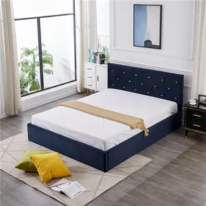 Luxus Stil einfache Montage Gaslift Bett Nave blau Samt Stoff Bett Queen King Size Bett rahmen Schlafzimmer Möbel Set