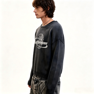 ODM Vintage Washed Cropped Knit Sweater Custom Logo Print Embroidery Crew Neck Top Soft Skin-friendly Fashion Daily Wear Men's - Product Image 3