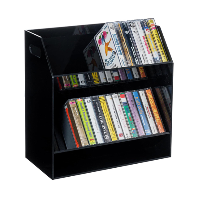 Bespoke Black 2-tier Modern Acrylic Compact Cassettes Holder with Handles Lucite Retro Audio Deck Tapes Storage Display Rack