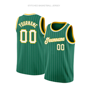 पीले ट्रिम के साथ टवील सिले लोगो और संख्या सफेद धारीदार हरी बास्केटबॉल जर्सी - Product Image 1