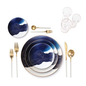 Commercio all'ingrosso Bone China Piatto Cena <span class=keywords><strong>Set</strong></span> <span class=keywords><strong>Blu</strong></span> e Oro di Nozze <span class=keywords><strong>Piatti</strong></span> Ambiente Amichevole Ceramica dinnerware - Product Image 4