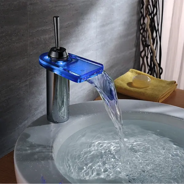 Bathroom Faucet LED Light 3 Colors Changing Waterfall Glass Spout Hot and Cold Water Mixer LED New Kitchen water Mixer