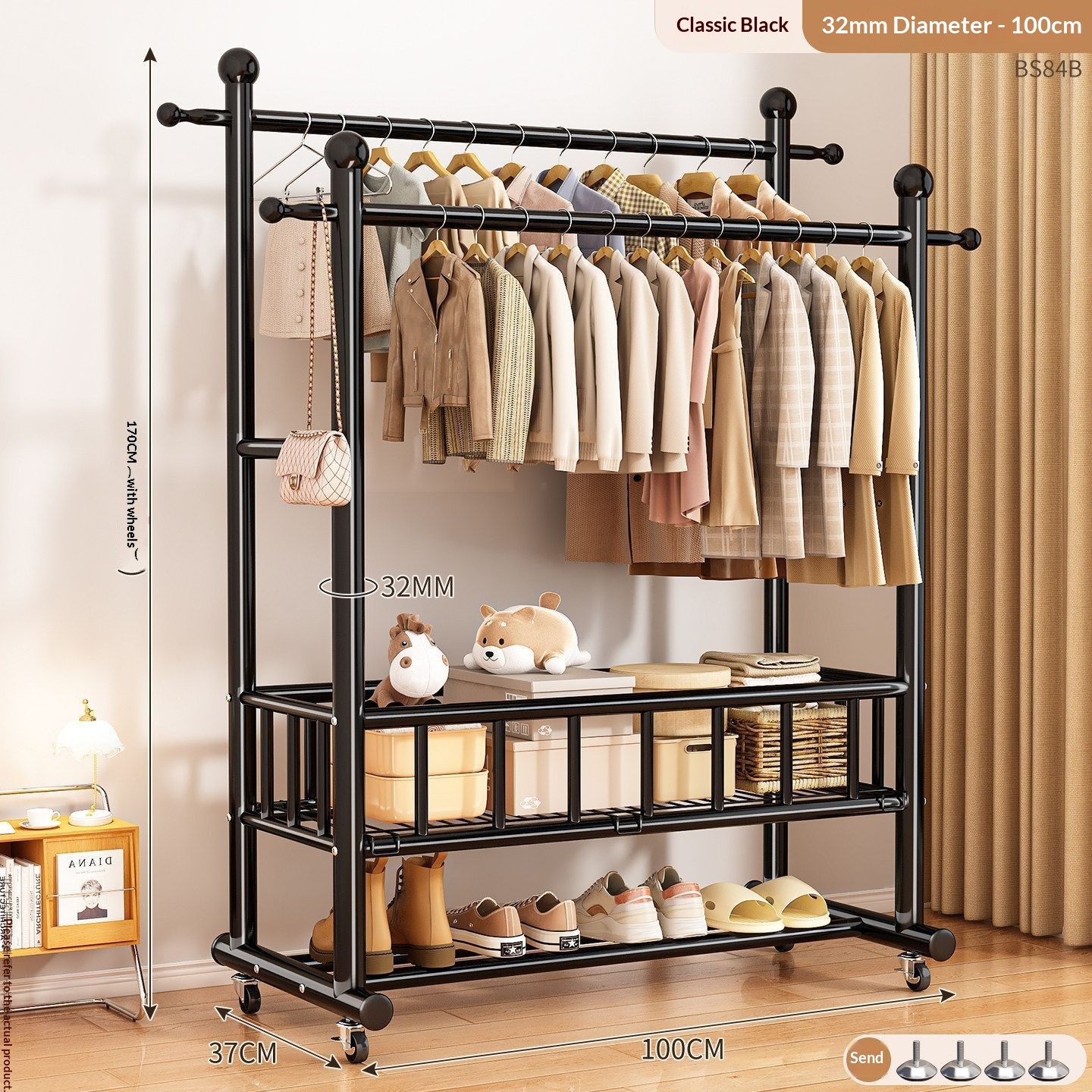 clothes hanger-32-tube double-bar-100 cm-black