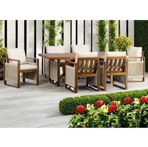 Juego de Mesa de Comedor Rectangular de Madera de Acacia Sostenible con 6 Sillas de Jardín con Reposabrazos para Hoteles y Escuelas para Uso en Exteriores - Product Image 1