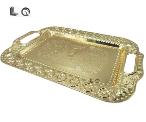 Vente Flash Plateau de Service Rectangulaire en Métal Acier Inoxydable Motif <span class=keywords><strong>Fleur</strong></span> Or Luxe Arabe pour Mariage, Hôtel et Restaurant - Product Image 4