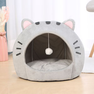 <span class=keywords><strong>Lit</strong></span>-caverne pour chat d'intérieur avec coussin amovible - Tente en peluche pour animaux <span class=keywords><strong>de</strong></span> compagnie, design oreilles <span class=keywords><strong>de</strong></span> dessin animé, <span class=keywords><strong>lit</strong></span> pour animaux <span class=keywords><strong>de</strong></span> compagnie avec <span class=keywords><strong>pompon</strong></span> pour chats - Product Image 1