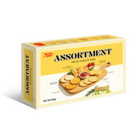 Assortiment de craquelins variés six saveurs au fromage crémeux, épicés et salés, format familial, vente en gros