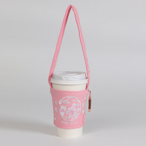 Portable Travel Canvas Cup Sleeve Water Bottle Cover with Shoulder Strap Promotional Drawstring Sportpacks Outdoor Activities