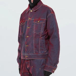 Vente <span class=keywords><strong>en</strong></span> gros <span class=keywords><strong>Veste</strong></span> denim flocage <span class=keywords><strong>rouge</strong></span> personnalisée pour hommes <span class=keywords><strong>Veste</strong></span> cargo à manches longues et col écarté, simple boutonnage - Product Image 2