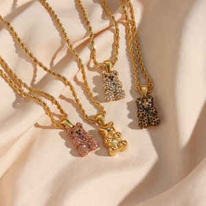 Mode Persönlichkeit vergoldet Edelstahl Twisted <span class=keywords><strong>Rope</strong></span> <span class=keywords><strong>Chain</strong></span> Halskette Bling Zirkonia Cz Bär Anhänger Halskette - Product Image 1