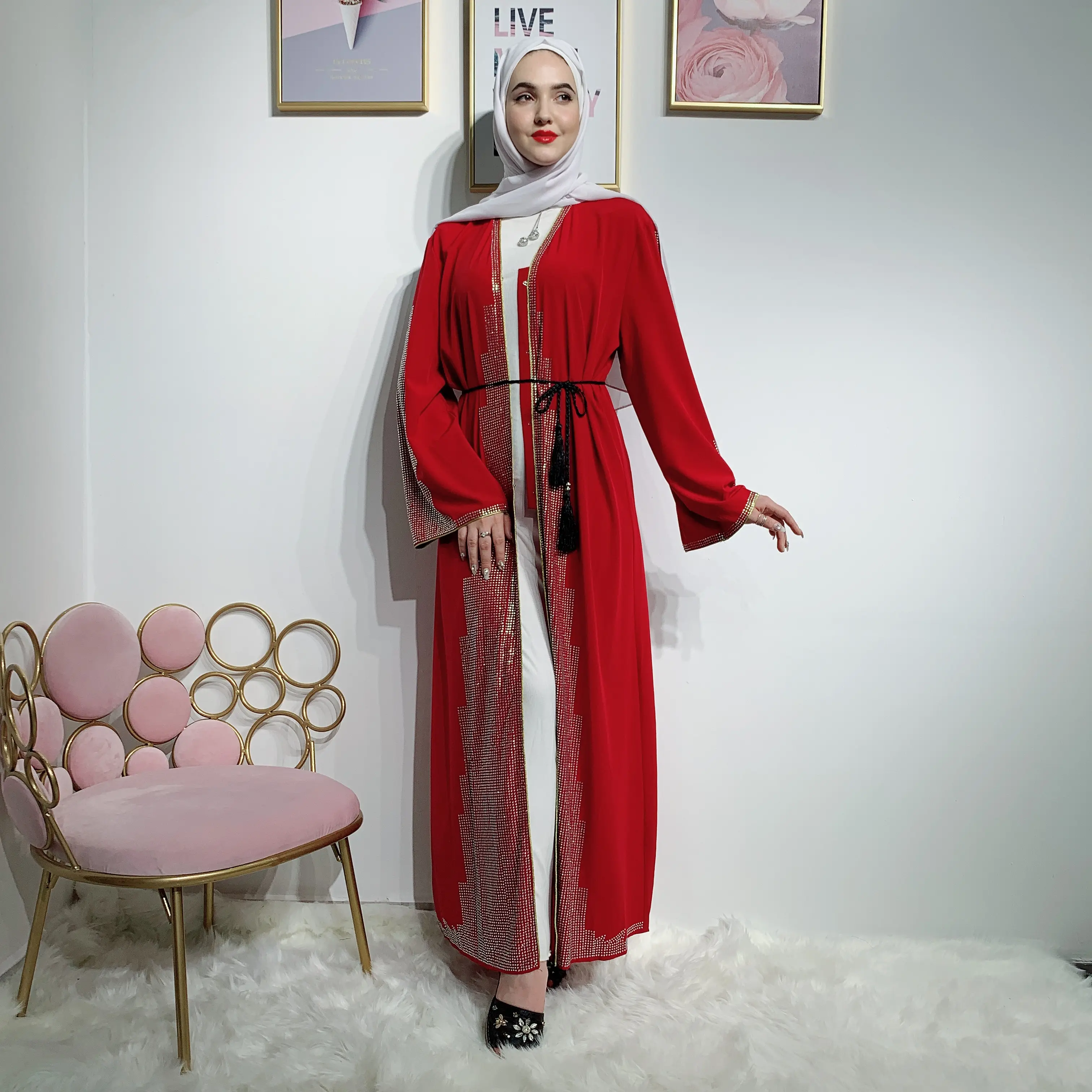 Stoned Cotton Islamic Abaya Modern Luxury Crystal Stone Abaya Dress for Muslim Women Abaya Dress Wholesale Dubai Crystal OEM