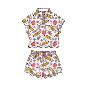 Conjunto de 2 piezas para niñas: Camisa y pantalón corto de tela de estambre transpirable con cremallera, diseño floral y de manzana, ideal para la vuelta al cole, primavera y otoño. - Product Image 1