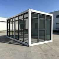 Maison conteneur modulaire en verre ondulé, véranda ignifuge, isolée et respirante, idéale pour bureau ou café, style moderne
