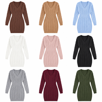 En stock, échantillon disponible, qualité contrôlée, robe pull en acrylique lavable, col en V, manches longues, mini, pour femmes, hiver