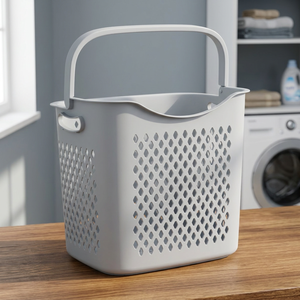 Panier à linge moderne en plastique gris non pliable avec poignées, panier à linge creux portable pour le rangement dans la salle de bain - Product Image 3