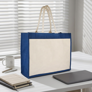 Bolsa de Mano Grande de Yute Ecológica con Estampado Personalizado en Blanco y Azul, Bolsa de Compras de Playa de Tela Reciclada de Alta Calidad con Cremallera Paramount y Logotipo - Product Image 1