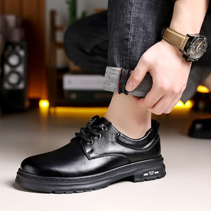 Chaussures décontractées rétro en cuir véritable pour hommes, bout rond, lacets, semelle extérieure en caoutchouc antidérapante, semelle épaisse pour l'automne - Product Image 4