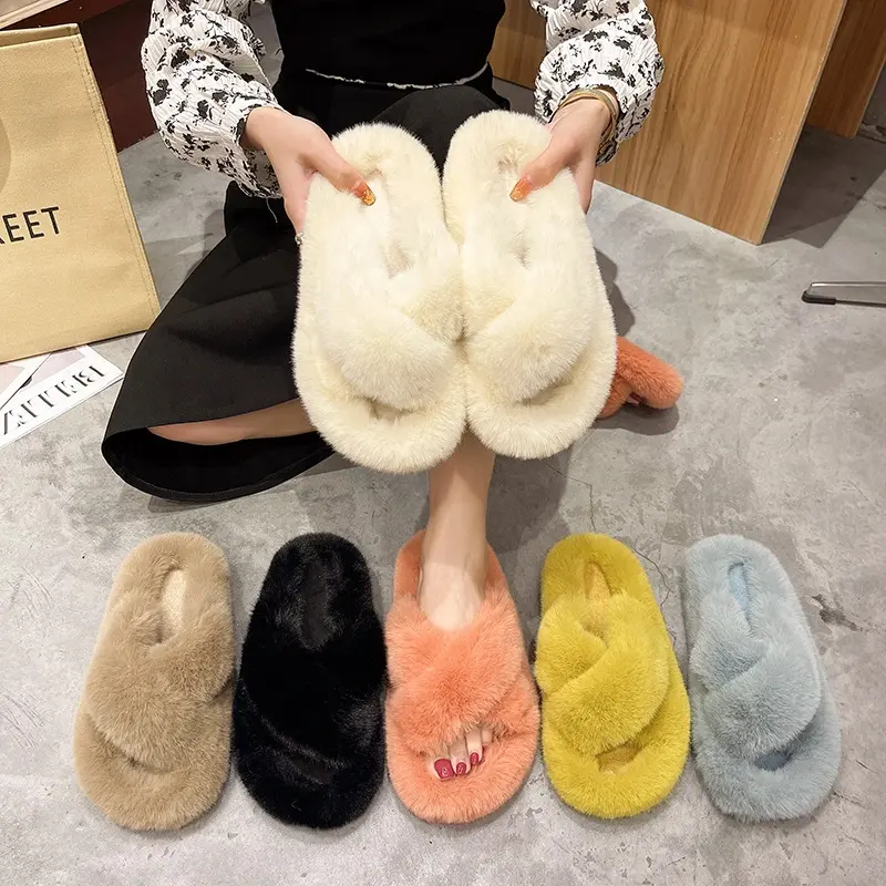 Fashion design Plush cross home slipper flat anti slip indoor lady women furry faux fur plush winter warm indoor slipper