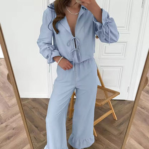 Conjunto de <span class=keywords><strong>Pijama</strong></span> para <span class=keywords><strong>Mujer</strong></span>, Cárdigan, Conjunto de <span class=keywords><strong>Pijama</strong></span>, Conjunto de <span class=keywords><strong>Pijama</strong></span> con Cordones, Mangas Largas con Volantes, Pantalones, Dos Piezas, Ropa de Dormir de Algodón para <span class=keywords><strong>Mujer</strong></span> - Product Image 3