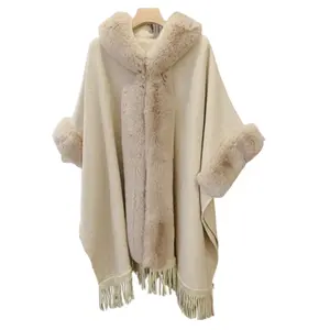Stil kış kadın suni kürk şal ceket sıcak kapşonlu panço kürk püsküller