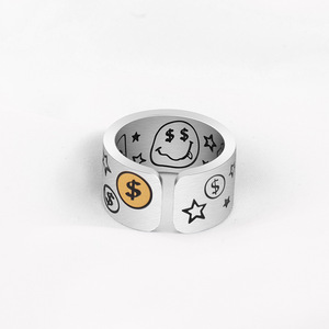 Cartoon Graffiti Smiley Face Open <b>Ring</b> Gold <b>Titanium</b> Steel Unisex Fashion Jewelry Gift - Product Image 2