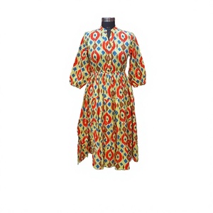 Vestido Midi Himanshi 100% Algodón Puro, Corte en A, Estampado Digital, Manga Abullonada, Estampado Floral, Antiestático, Cómodo para el Verano - Product Image 1