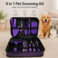 Kit portable 9 pièces pour toilettage chien et chat : brosse anti-poils, peigne, coupe-ongles, ciseaux, étui de rangement