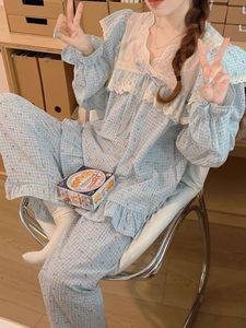 2025 Meryjia versione coreana pigiama con rifinitura in pizzo a scacchi floreali dolce tinta unita stile corte camicie da <span class=keywords><strong>notte</strong></span> arruffate a maniche lunghe per - Product Image 4