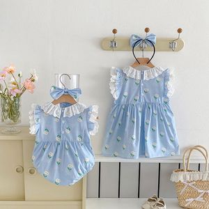 Sommerlicher Spitzen-Strampler ohne Ärmel für Babymädchen mit Haarband-Set, dünnes Blumenmuster-Kleid für Kinder, süße Kinderkleidung - Product Image 4