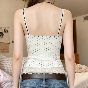 Camisola Corta Ajustada con Cuello en V y Parches de Encaje con Estampado de Lunares Estilo Y2K para Mujer, Venta al Por Mayor - Product Image 5