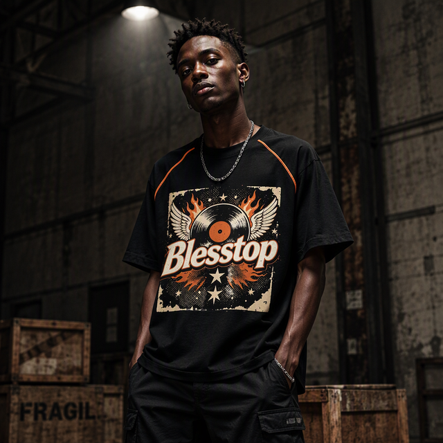Blesstop Custom Graphic T Shirt with Winged Vinyl Record Print for Music Streetwear Fashion Brands