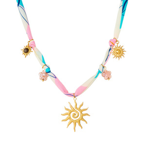 Floral Sun Pendant Necklace Tie Dye Fabric Knotted Chain Gold Plated Tiger Eye Stone Party Fashion Jewelry - Product Image 5