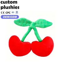 Coussin en peluche cerise mignon en gros, en forme de fruit, avec feuilles, pour cadeaux et décoration de chambre