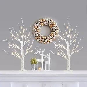 شجرة البتولا على المنضدة مع 24 أضواء ليد بيضاء دافئة شجرة فرع صناعية ليد للمنزل حفلة مهرجان ديكور الزفاف