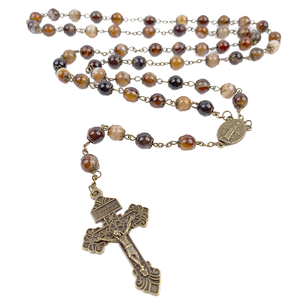 Rosario Católico de Piedras Preciosas con Baño de Bronce Antiguo de 8 mm, con Rayas Color Café, Adornado con Perlas de Ágata y Medalla <span class=keywords><strong>Milagrosa</strong></span> - Product Image 2