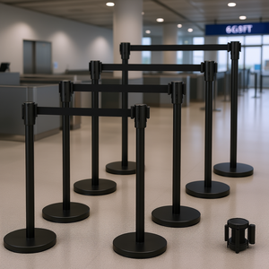 Ensemble de 8 poteaux de délimitation rétractables noirs avec base métallique de 2 m (6,6 pi) pour contrôle des foules et barrière de contrôle d'accès, montage facile - Product Image 2