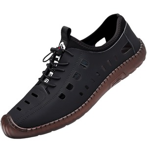 Men's Summer Breathable Genuine Leather Slip-On Casual <b>Flat</b> <b>Sandals</b> Closed Toe Rubber Outsole Solid Color - Product Image 5