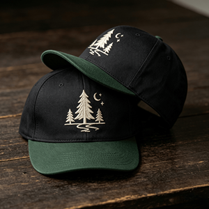 Casquette de baseball en coton bicolore à visière incurvée, 6 panneaux, avec logo brodé 3D personnalisé (pin, lune, étoile) pour activités forestières et extérieures, vente en gros - Product Image 1
